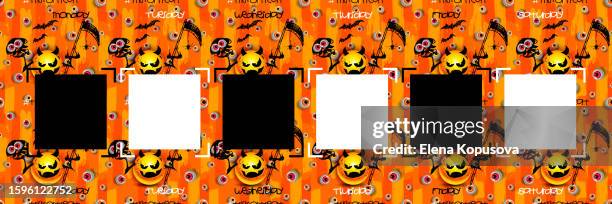 halloween style time planning concept. weekly to-do list on abstract bright background with sinister anthropomorphic devil emoji. creative seamless weekly background with freehand drawings. - devil emoji stock illustrations