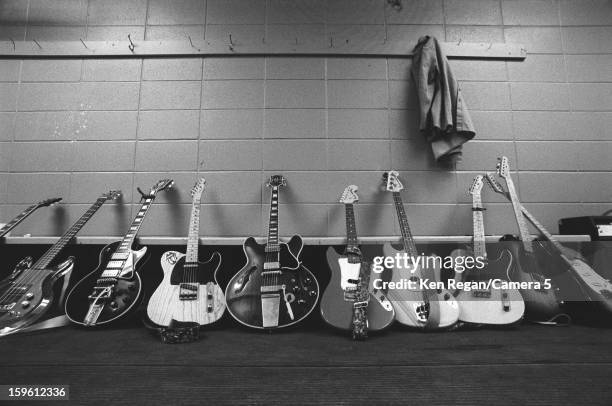 The Rolling Stones guitars are photographed backstage in 1972 in Vancouver, British Columbia. CREDIT MUST READ: Ken Regan/Camera 5 via Contour by...