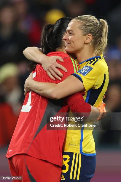 Fridolina Rolfo of Sweden celebrates with teammate Zecira Musovic after scoring her team's first penalty in the penalty shoot out during the FIFA...