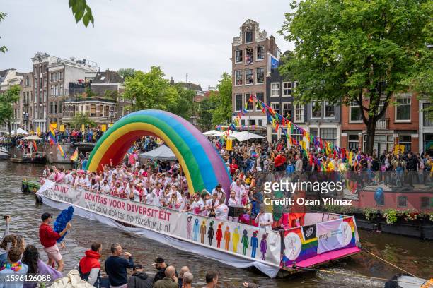 Participant boats on the canal celebrating Pride on August 5, 2023 in Amsterdam, Netherlands. 80 Boat Participants cruise through the city's 17th...