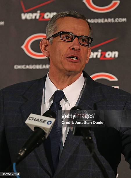 General manager Phil Emery of the Chicago Bears explains his choice of Marc Trestman to be the new head coach of the Bears at Halas Hall on January...