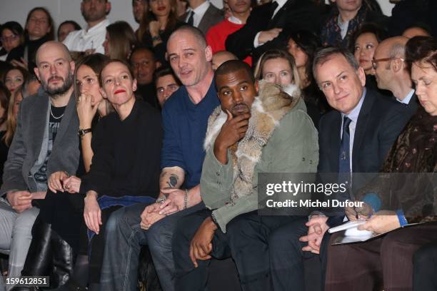 Jake Chapman, Rose Mary Ferguson, Tiphaine, Dino Chapman, Kanye West and Michael Burke attend the Louis Vuitton Men Autumn / Winter 2013 show as part...