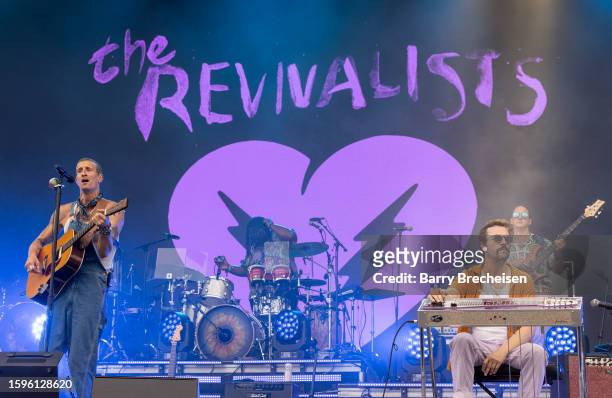 David Shaw, Paulet "PJ" Howard and Ed Williams of The Revivalists during Lollapalooza at Grant Park on August 05, 2023 in Chicago, Illinois.