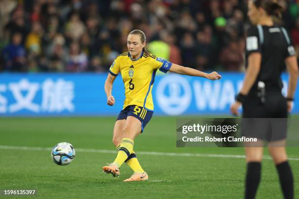 Magdalena Eriksson of Sweden scores her team's sixth penalty in the penalty shoot out during the FIFA Women's World Cup Australia & New Zealand 2023...