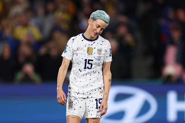 Megan Rapinoe of USA reacts after missing her team's fourth penalty in the penalty shoot out during the FIFA Women's World Cup Australia & New...