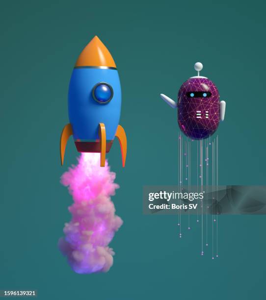 chat bot with a toy rocket - 3d rocket stockfoto's en -beelden