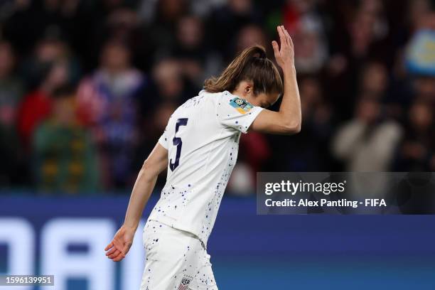 Kelley O'Hara of USA reacts after missing her team's seventh penalty in the penalty shoot out during the FIFA Women's World Cup Australia & New...