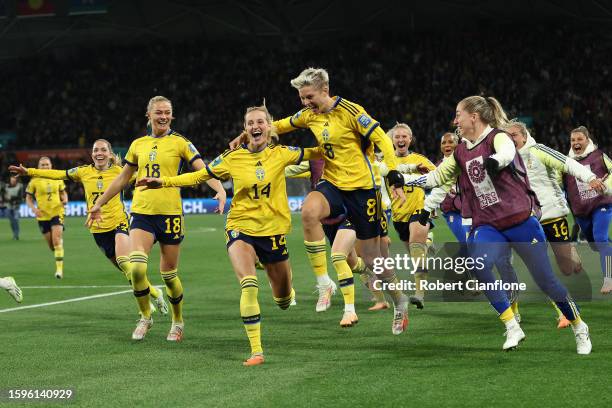 Sweden players celebrate the team's victory through the penalty shootout in the FIFA Women's World Cup Australia & New Zealand 2023 Round of 16 match...