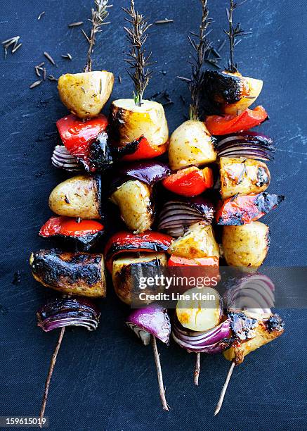 grilled vegetable rosemary kebabs - pic de brochette photos et images de collection
