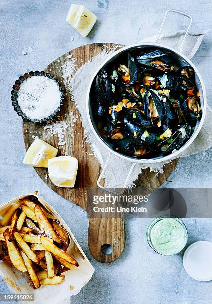 platter of steamed mussels and fries - moule photos et images de collection