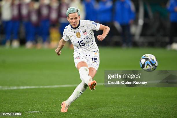 Megan Rapinoe of USA misses her team's fourth penalty in the penalty shoot out during the FIFA Women's World Cup Australia & New Zealand 2023 Round...