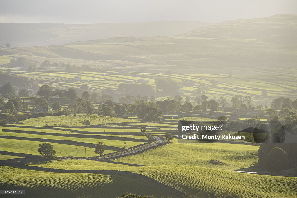 Views of Wensleydale countryside and fields, as seen from the grounds of Bolton Castle