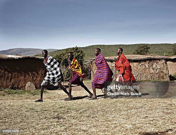 maasai men walking together - masai mara national reserve stock pictures, royalty-free photos & images