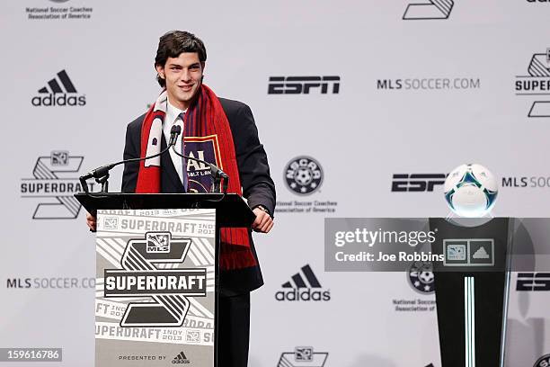 John Stertzer of Maryland speaks after being selected by Real Salt Lake as the 12th overall pick in the 2013 MLS SuperDraft Presented by Adidas at...