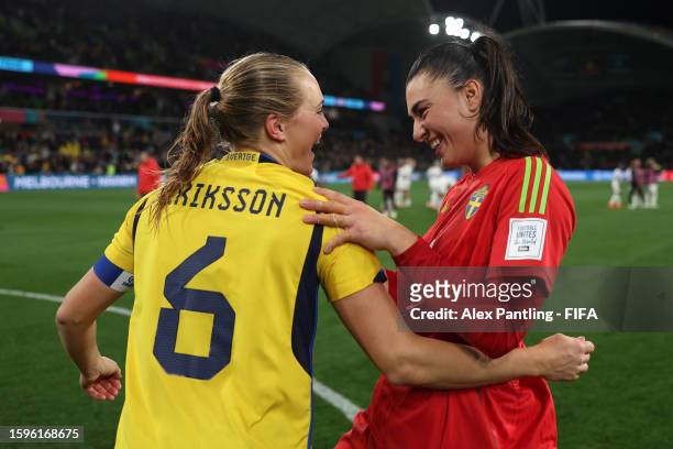 Magdalena Eriksson and Zecira Musovic of Sweden celebrate the team's victory through the penalty shootout in the FIFA Women's World Cup Australia &...