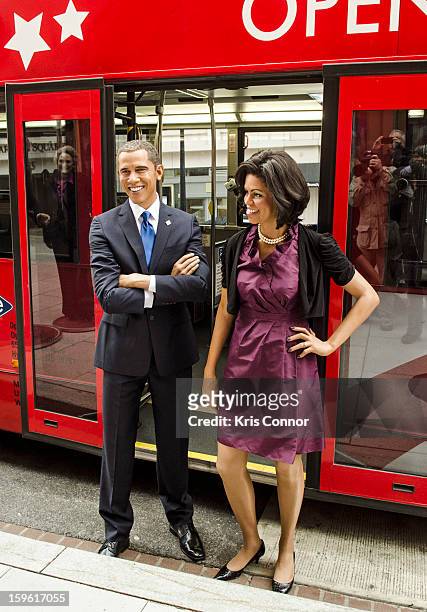 Wax figures of President Barack Obama and first lady Michelle Obama arrive at Madame Tussauds during Madame Tussauds DC Presidential Wax Figures Bus...