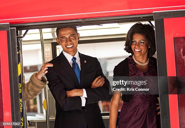 Wax figures of President Barack Obama and first lady Michelle Obama arrive at Madame Tussauds during Madame Tussauds DC Presidential Wax Figures Bus...