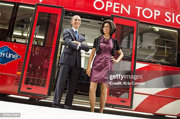 Wax figures of President Barack Obama and first lady Michelle Obama arrive at Madame Tussauds during Madame Tussauds DC Presidential Wax Figures Bus...