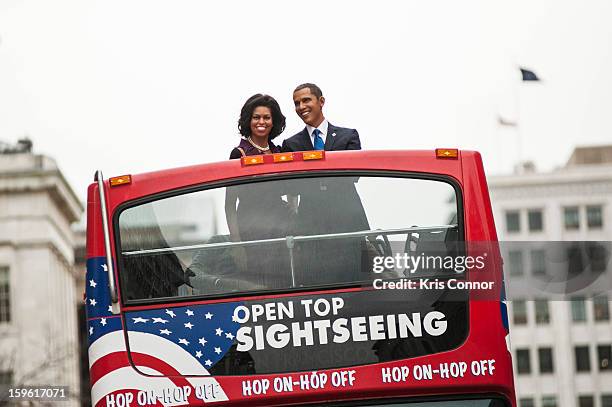 Wax figures of President Barack Obama and first lady Michelle Obama arrive at Madame Tussauds during Madame Tussauds DC Presidential Wax Figures Bus...