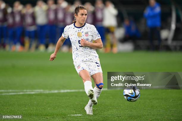 Kelley O'Hara of USA misses her team's seventh penalty in the penalty shoot out during the FIFA Women's World Cup Australia & New Zealand 2023 Round...