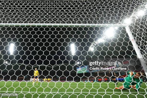 Lina Hurtig of Sweden scores her team's seventh penalty in the penalty shoot out as Alyssa Naeher of USA attempts to save during the FIFA Women's...