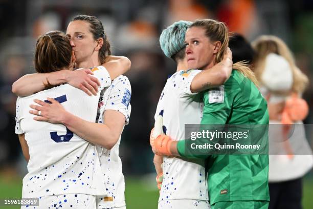 Kelley O'Hara, Alyssa Thompson, Megan Rapinoe, and Alyssa Naeher of the USA are dejected after their team was defeated in the FIFA Women's World Cup...