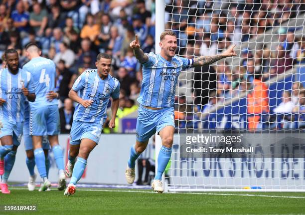 Kyle McFadzean of Coventry City celebrates scoring their first goal of the match during the Sky Bet Championship match between Leicester City and...