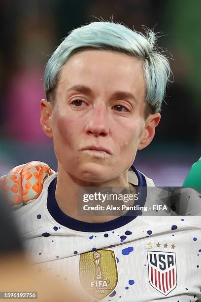 Megan Rapinoe of USA reacts to her team being knocked out of the tournament after a penalty shoot out loss during the FIFA Women's World Cup...