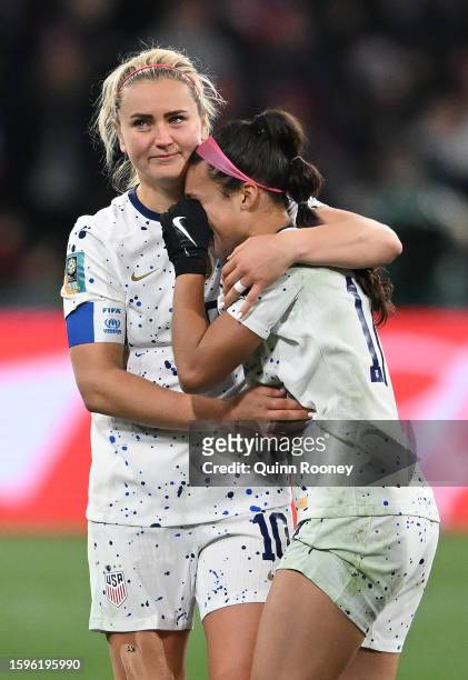 Sophia Smith of USA is consoled by Lindsey Horan after the team's defeat through the penalty shootout in the FIFA Women's World Cup Australia & New...