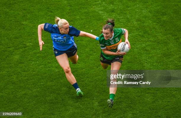 Dublin , Ireland - 13 August 2023; Anna Galvin of Kerry in action against Jodi Egan of Dublin during the 2023 TG4 LGFA All-Ireland Senior...
