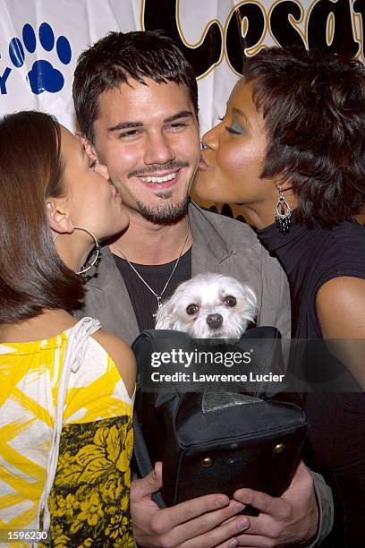 Miss Teen USA 2002 Vanessa Semrow, actor Adam LaVorgna and Miss USA 2002 Shauntay Hinton appear with Lucky the dog at the Animal Fair Magazine 3rd...
