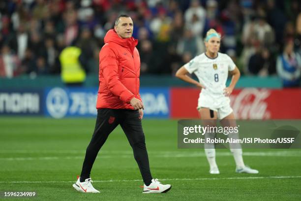 United States head coach Vlatko Andonovski reacts after loosing during the penalty kick shootout during the FIFA Women's World Cup Australia & New...