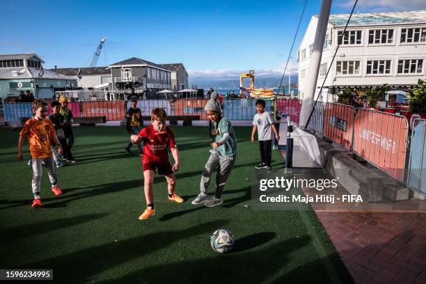 Fans play on the football pitch during the Round of 16 match between Netherlands and South Africa at the FIFA Fan Festival on August 06, 2023 in...