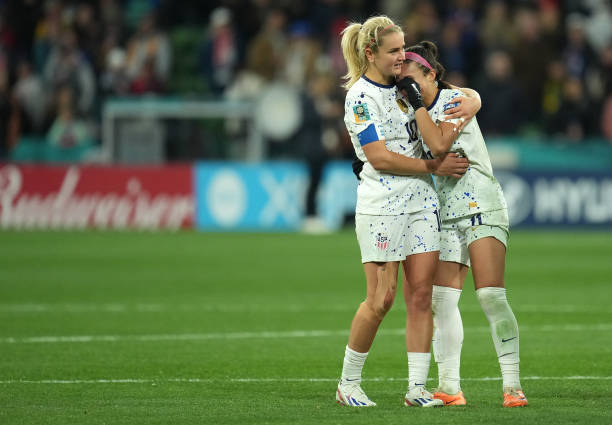Lindsey Horan of the United States comforts Sophia Smith after the FIFA Women's World Cup Australia & New Zealand 2023 Round of 16 match between...