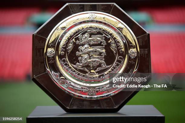 Detailed view of the FA Community Shield Trophy prior to The FA Community Shield match between Manchester City against Arsenal at Wembley Stadium on...