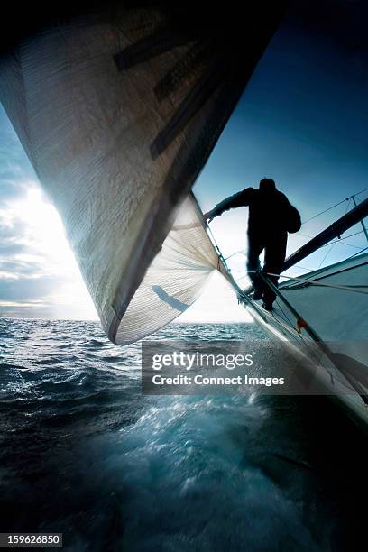 silhouette of man on sailing boat - sailboat silhouette stock pictures, royalty-free photos & images