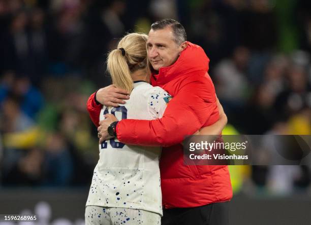 Lindsey Horan of USA looks dejected with head coach Vlatko Andonovski after the FIFA Women's World Cup Australia & New Zealand 2023 Round of 16 match...