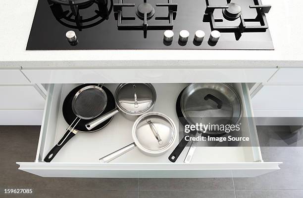 saucepans in draw under hob - 引き出し ストックフォトと画像