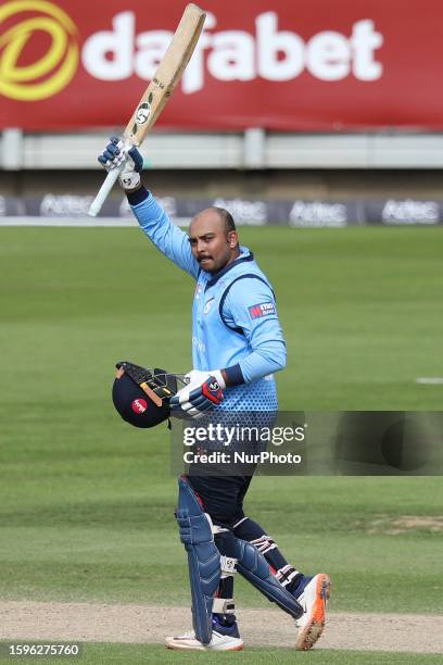 Prithvi Shaw of Northamptonshire celebrates his century during the Metro Bank One Day Cup match between Durham and Northamptonshire at the Seat...