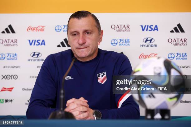 Vlatko Andonovski, Head Coach of USA, speaks to the media in the post match press conference following the FIFA Women's World Cup Australia & New...
