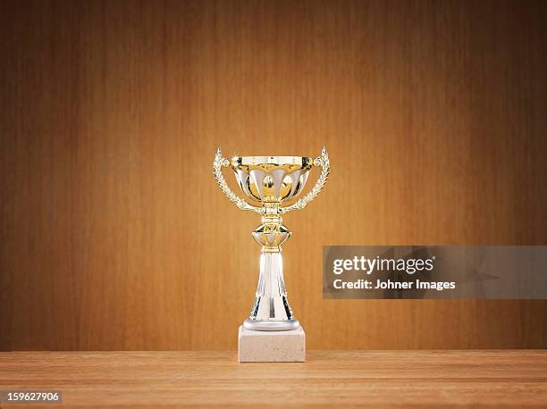 trophy on wooden background - trophy 2012 day 1 stockfoto's en -beelden