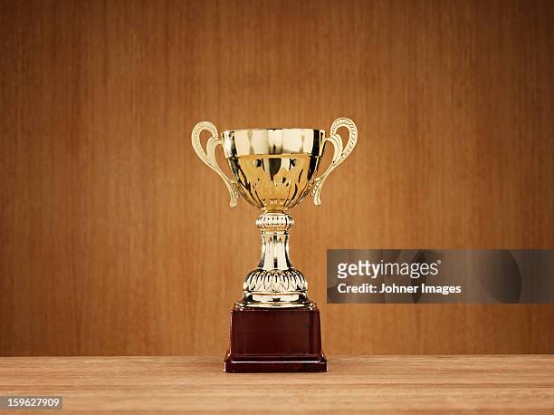 trophy on wooden background - trophy stock pictures, royalty-free photos & images