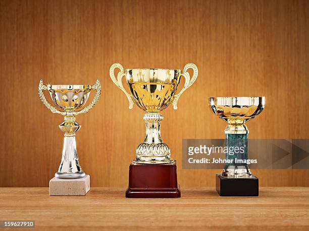 trophies on wooden background - championship day three stockfoto's en -beelden