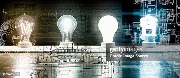 evolution of the light bulb - from thomas edison to energy saving bulb - edison bulb stockfoto's en -beelden