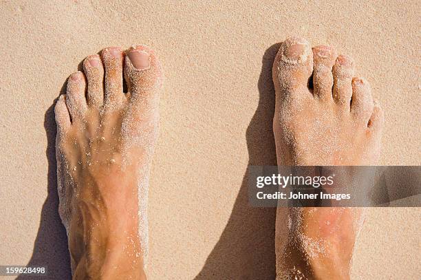view of mans feet on sand - orteil photos et images de collection