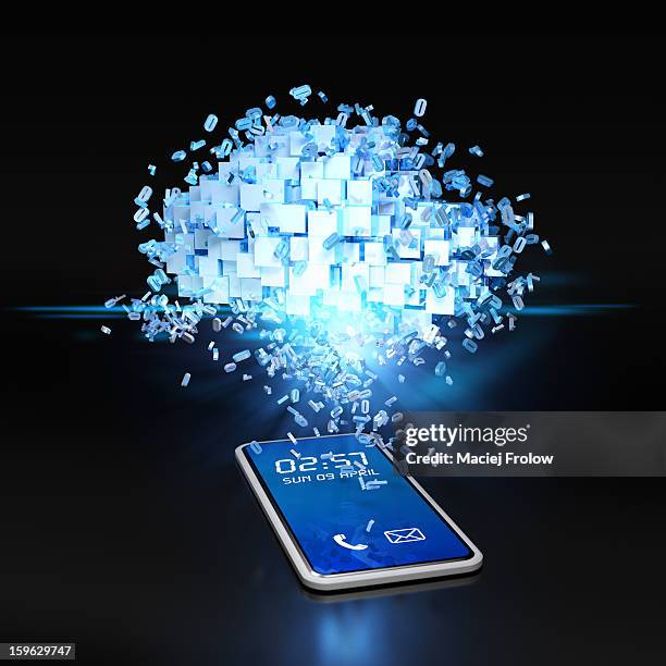 data cloud over phone device with flying numbers - information superhighway stock illustrations