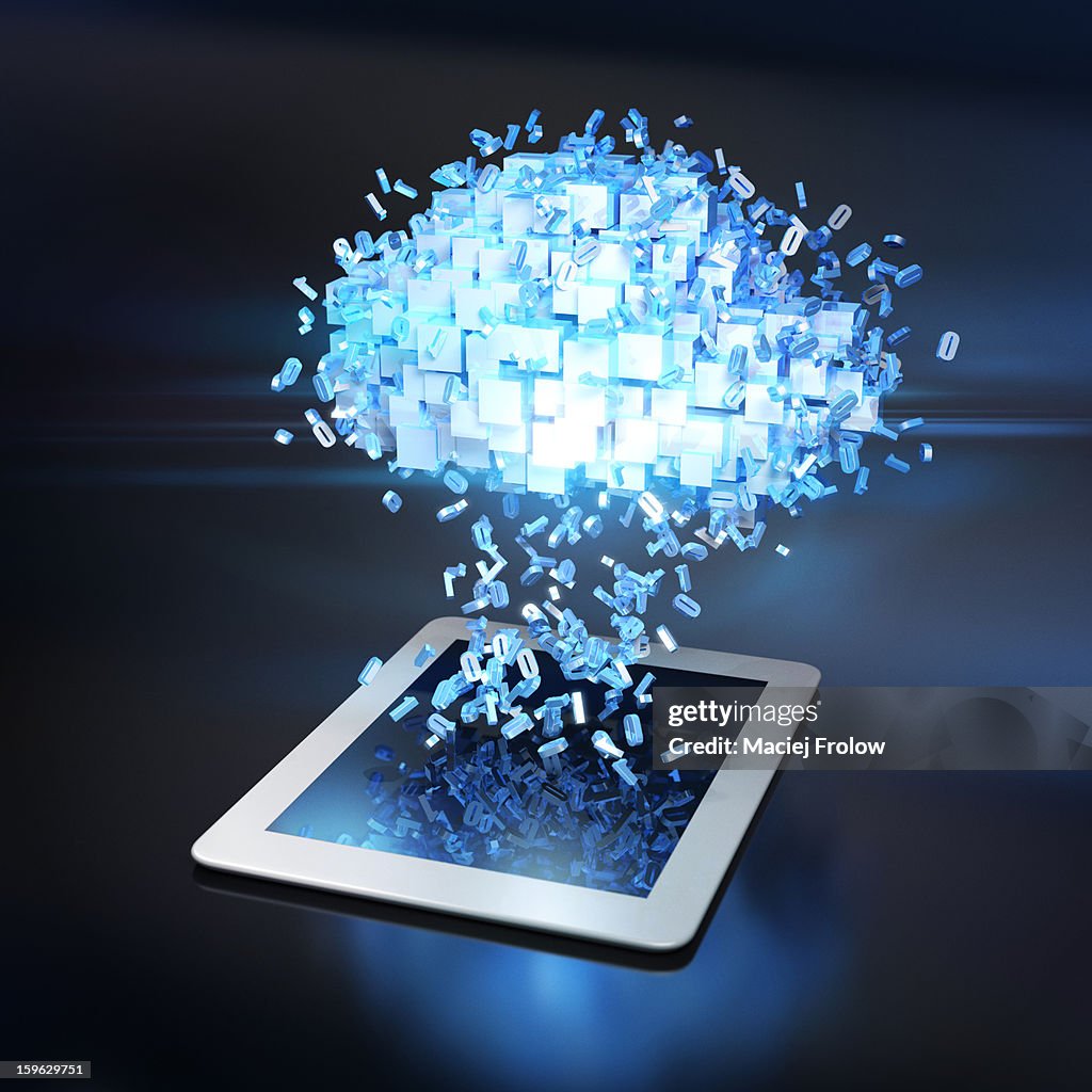 Data cloud over tablet device with flying numbers