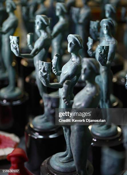 Finished Actor statuettes for the 19th annual Screen Actors Guild Award are on display at the American Fine Arts Foundry on January 17, 2013 in...