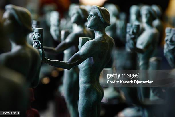 Finished Actor statuettes for the 19th annual Screen Actors Guild Award are on display at the American Fine Arts Foundry on January 17, 2013 in...