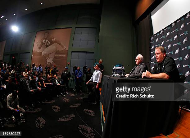 Chip Kelly is introduced as the new head coach of the Philadelphia Eagles as team owner Jeffrey Lurie looks on during a news conference at the team's...